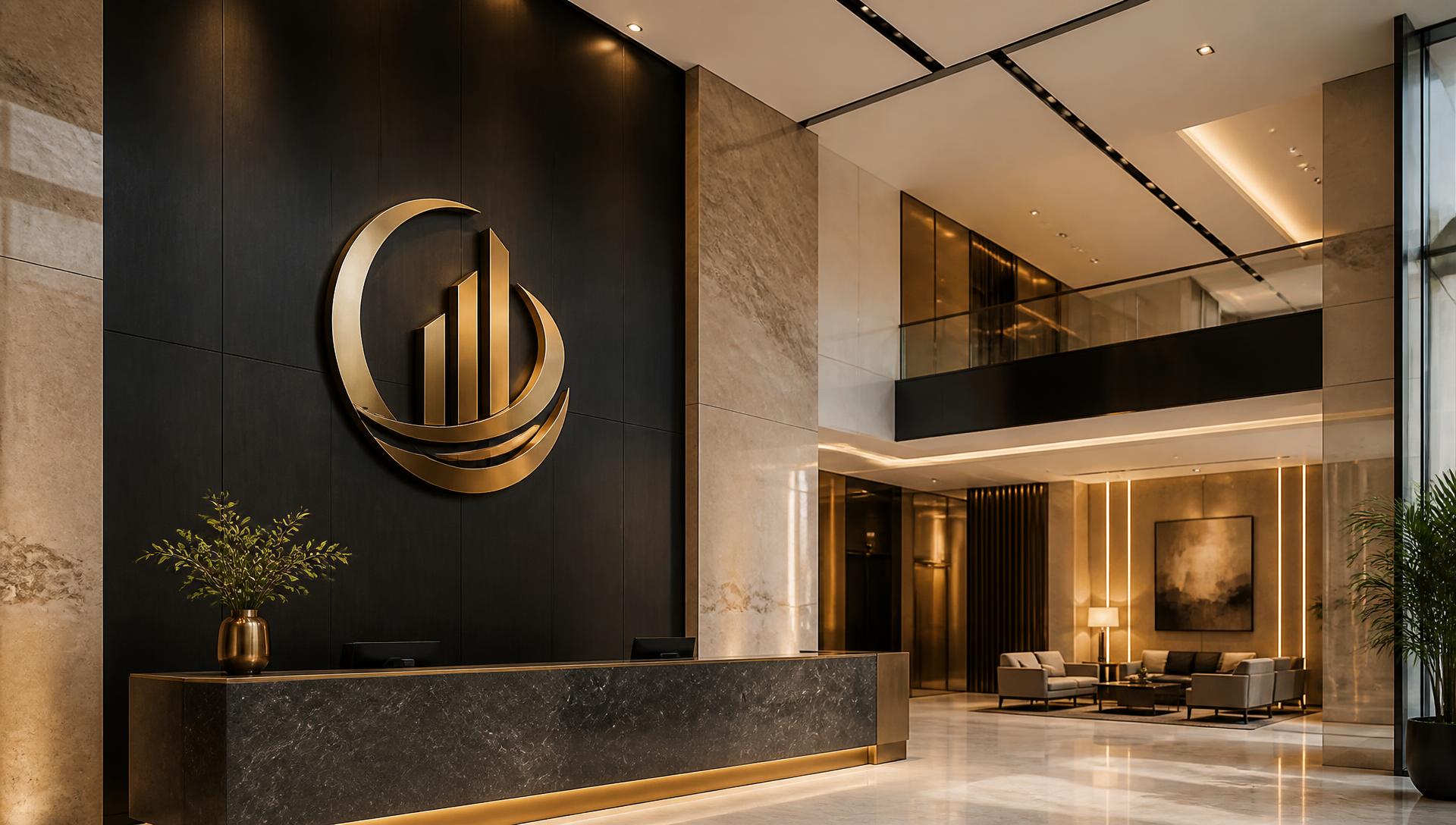 Modern commercial lobby featuring a dimensional metallic wall logo sign